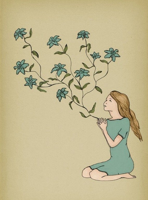 Blossom (blue version) - Wall decor Art print of illustration ink drawing