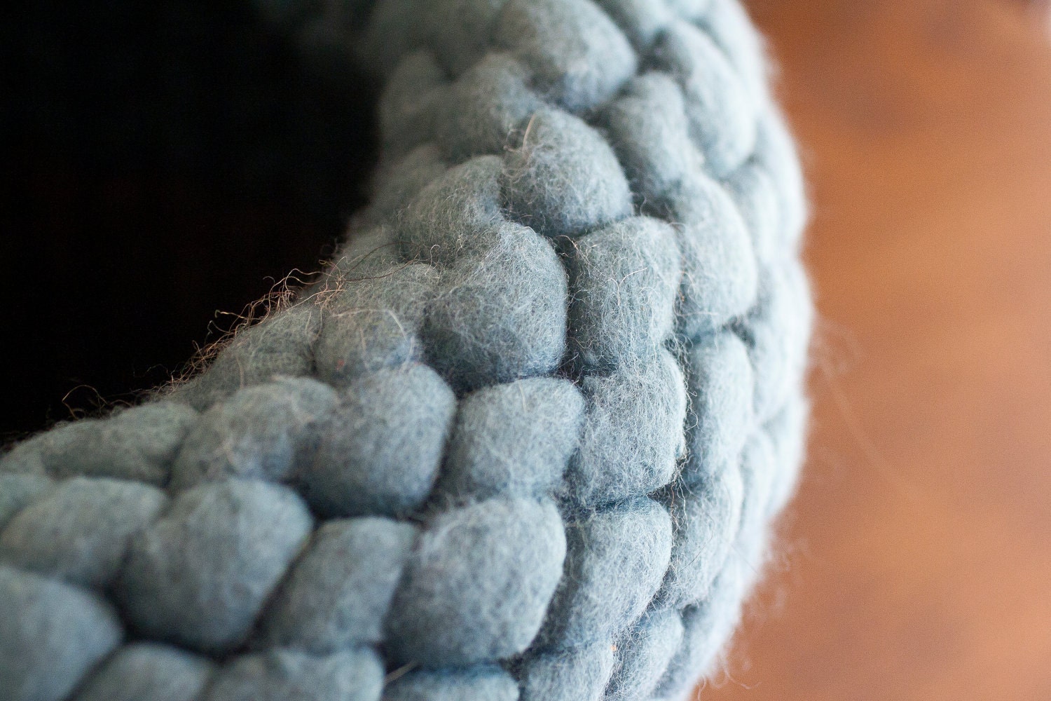Wool felt knit pod vessel in slate blue and natural gray brown