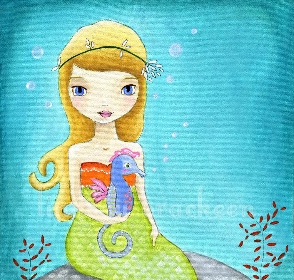 Mermaid Seahorse Nautical Kids Art Print