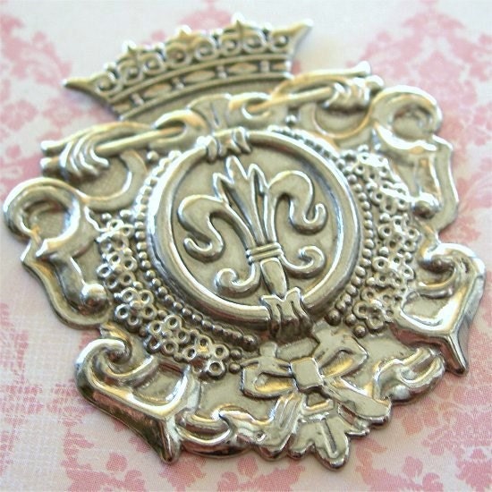 Vintage Fleur de Lis and Crown Silver Crest Shield Jewelry Stamping extra large