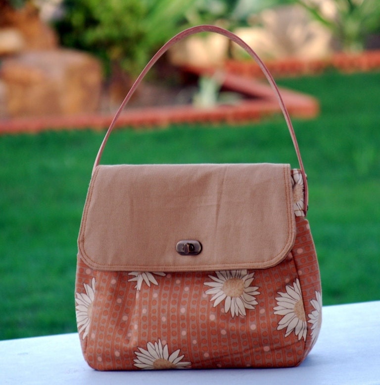 50s Inspired Hobo Hand Bag Leather Handles - Mocha Brown Daisies Canvas SALE