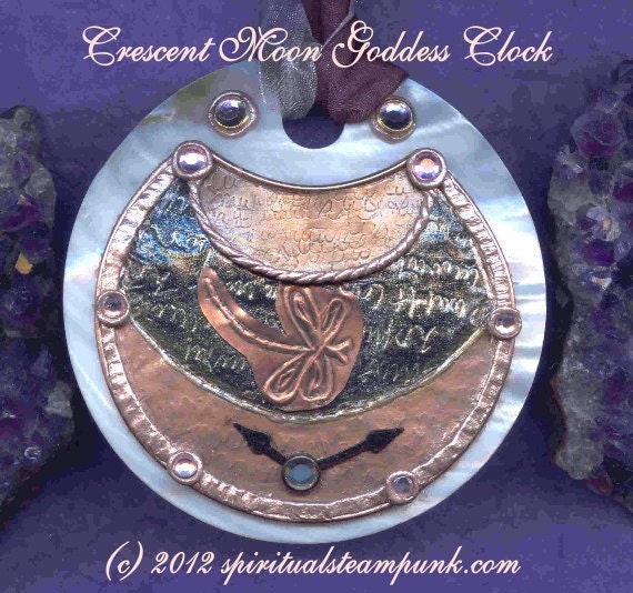Spiritual Steampunk(tm)/ Crescent Moon Goddess Clock/ Necklace/ Pendulum/ MOP/ Victorian Script on Copper/ Spell Bound Gems(tm)/ Dragonfly