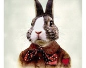 Valentine BEAU BUNNY RABBIT Art Print.  Anthropomorphic Animal Portrait. He Wore His Heart on His Sleeve. The Decorated House . 5 x 7 inch