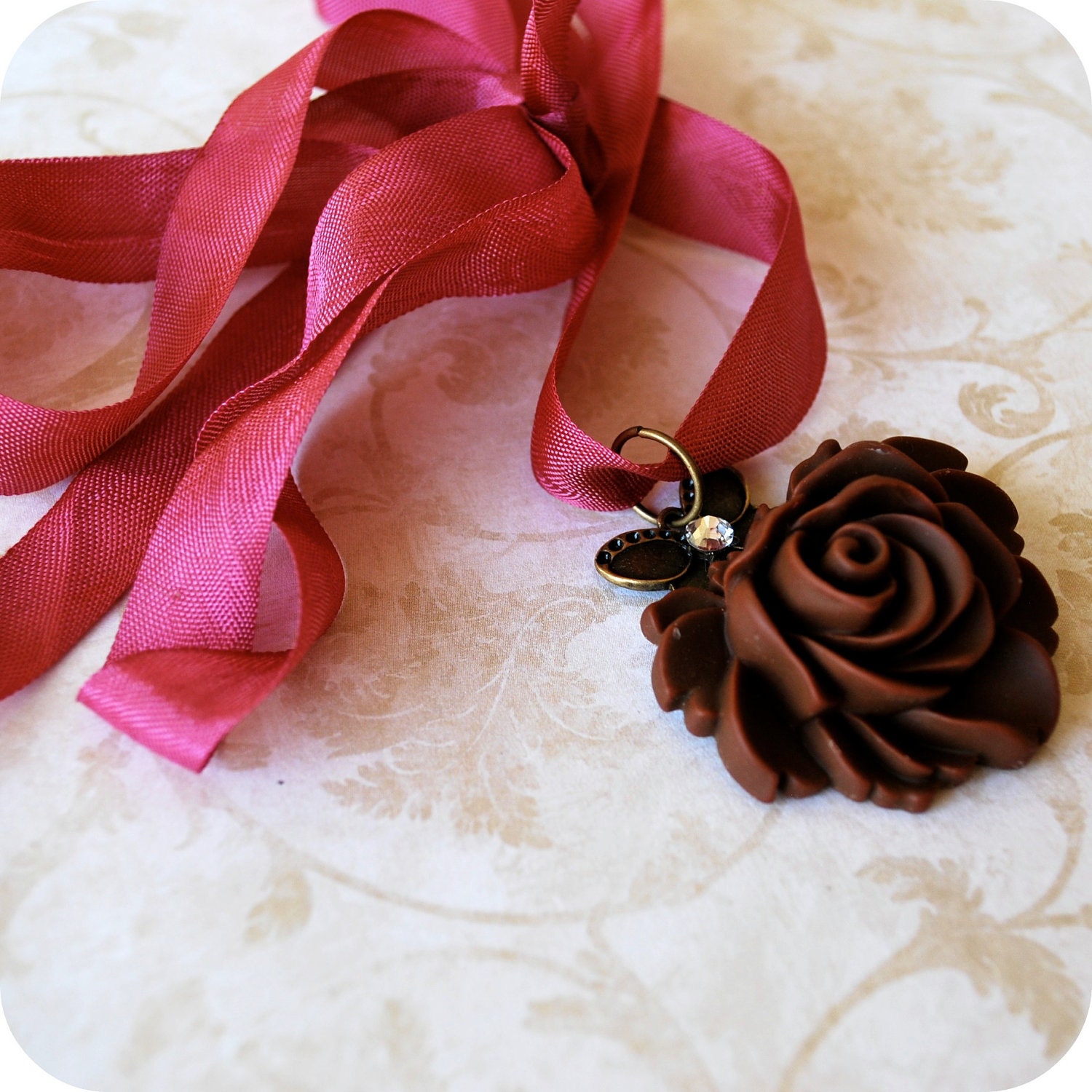SALE - Dark Chocolate Cabbage Rose and Butterfly Pendant on Raspberry Vintage Seam Binding