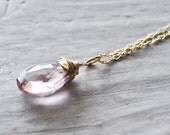 Light Rose Necklace 14kt Gold Fill Gemstones Quartz Pink Wire Wrapped Jewellery