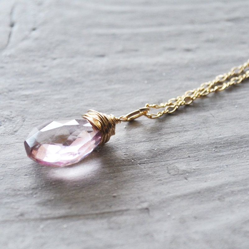 Light Rose Necklace 14kt Gold Fill Gemstones Quartz Pink Wire Wrapped Jewellery