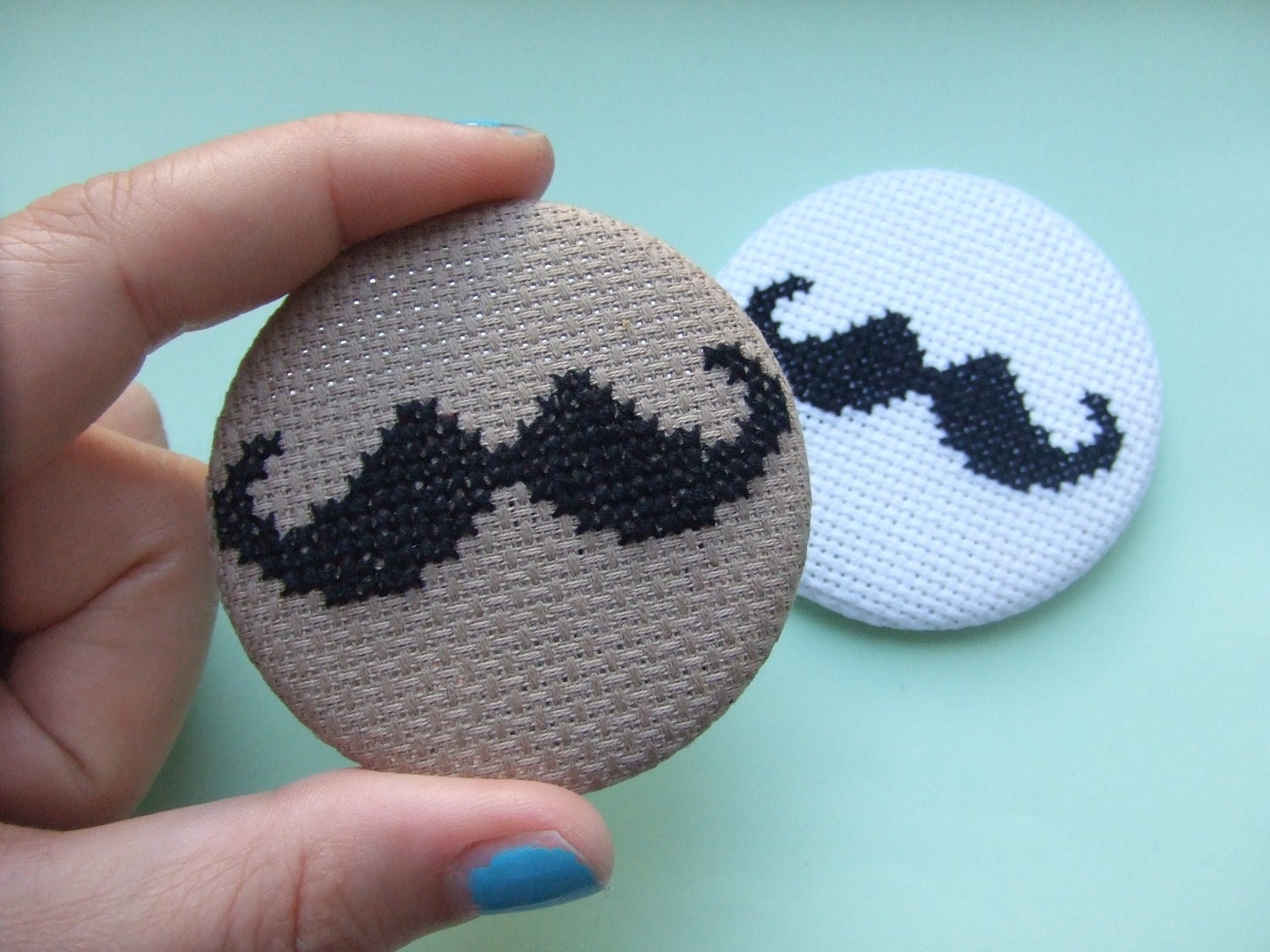 Moustache Button Badge Hand Sewn in Cross Stitch Available in Cookie Brown or White