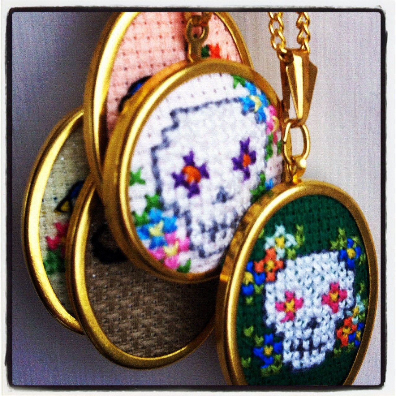 Mexican Day of the Dead Sugar Skull Cross Stitch Necklace in Red and Gold