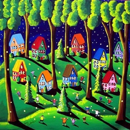 Catching Fireflies Fun Kids Whimsical Colorful Folk Art Canvas Giclee Print