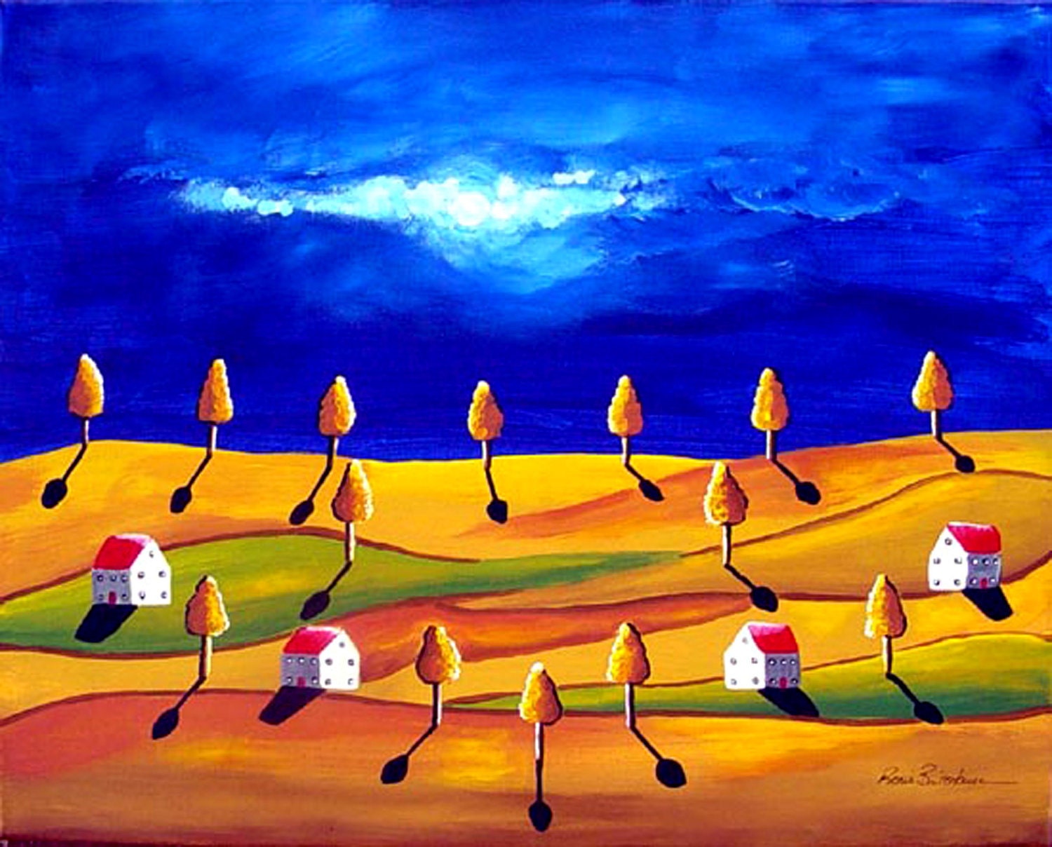 Golden Landscape Original Painting  Folk Art Colorful