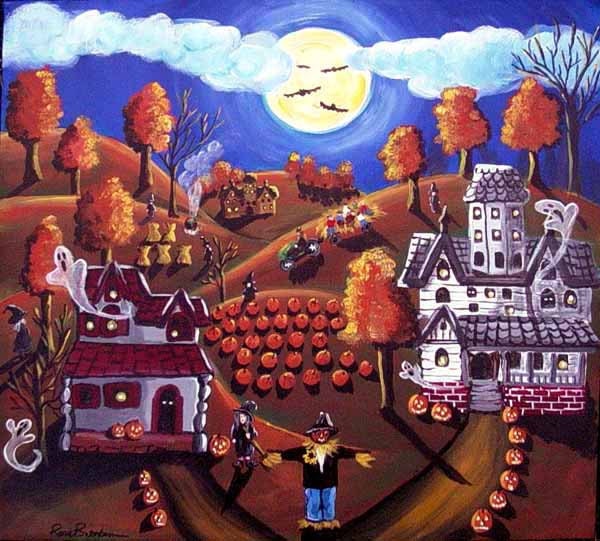 Halloween Hayride Pumpkins Ghosts Whimsical Colorful Folk Art Moon Original Painting