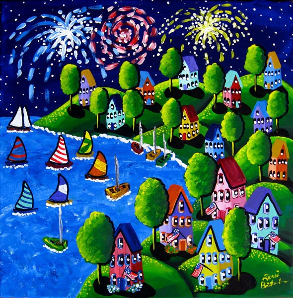 Fun Whimsical Fireworks 4th of July Sailboats Colorful Folk Art Painting