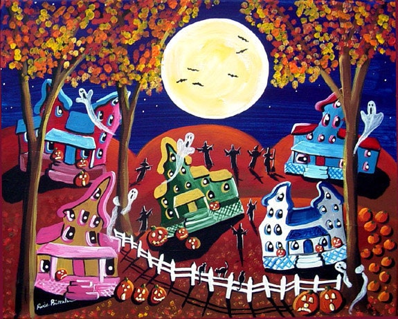 Witch Party Halloween Night Tricks Treats Fun Fall  Folk Art Original Painting