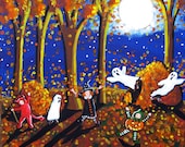 Little Trick or Treaters Fall Leaves Autumn Halloween Full Moon Folk Art Original Painting