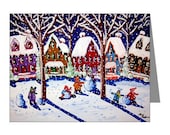 Kids Making Snowmen Winter Holidays Whimsical Folk Art Fun Blank Note Cards Pk of 10