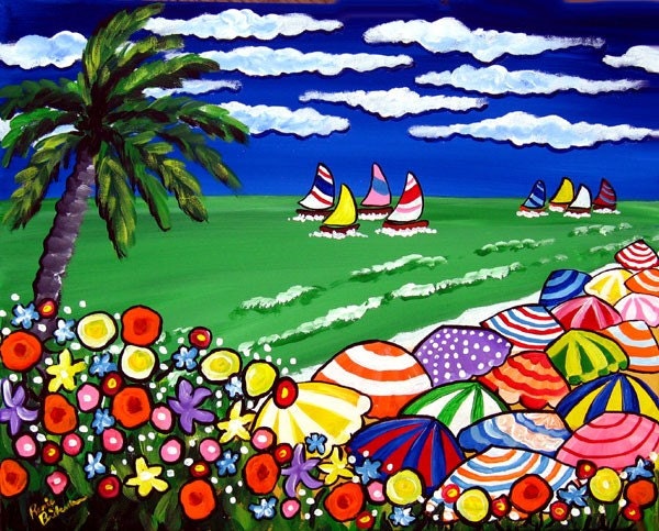 Tropical Beach Scene Umbrellas Palm Tree Whimsical Colorful Original Folk Art Painting