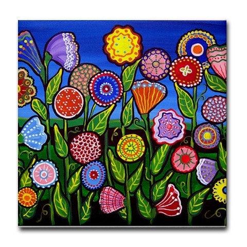 Colorful Fun Flowers Folk Art Ceramic Tile