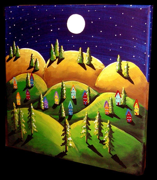 Peace On Earth Green Gold Hills Landscape Painting Folk Art Colorful Whimsical Art