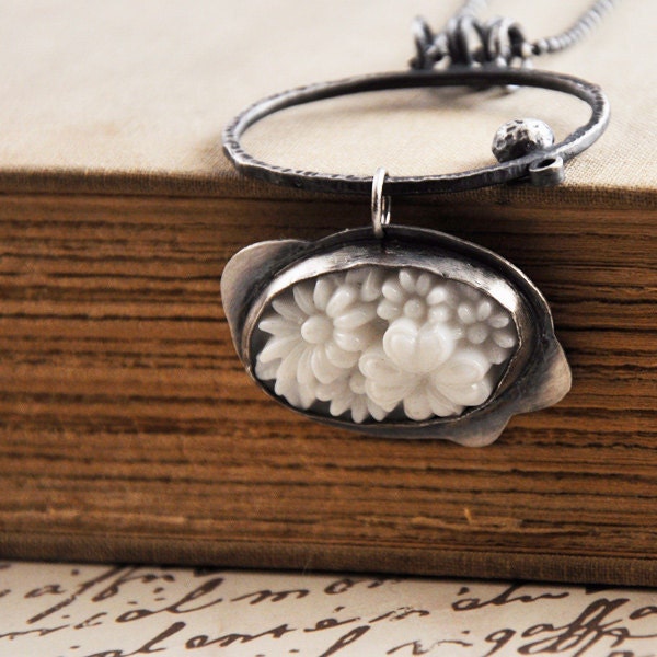 White Floral Pendant / Sterling Silver / Vintage White Cab / Valentine Gift / Vintage Modern Style