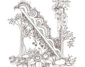 Monogram, Initial, Colour-Me-In Illuminated Letters - N, original art  drawings by melanie j cook