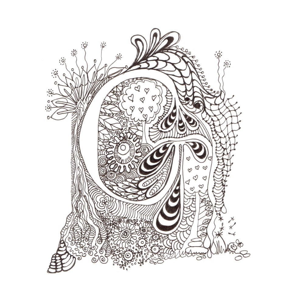 Monogram, Initial, Colour-Me-In Illuminated Letters - G, original art  drawings by melanie j cook