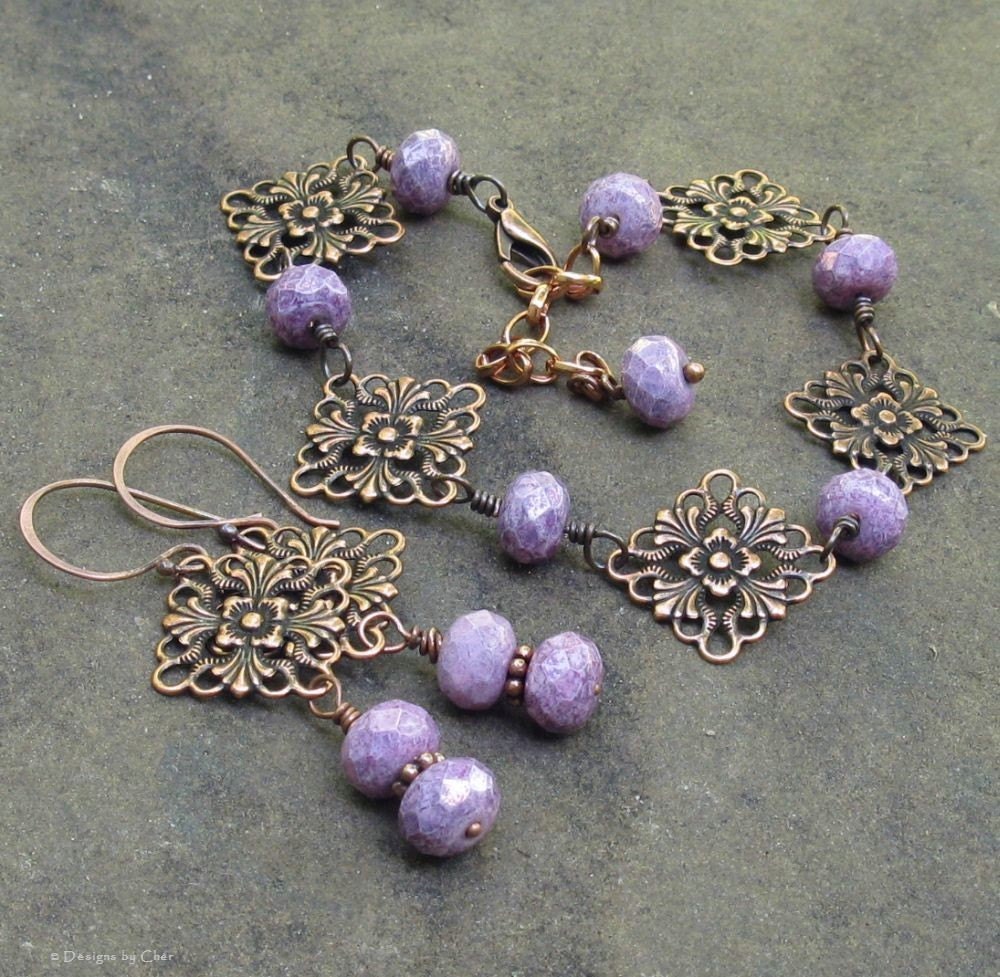 Antique Copper Floral Filigree Set, Amethyst Picasso Glass Bracelet and Earrings...Lavender & Lace