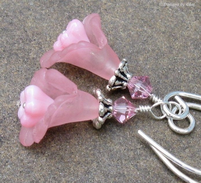 Sterling Silver Pink Lucite Flower Earrings, Swarovski Crystal and Glass... Petite Flower Jewelry