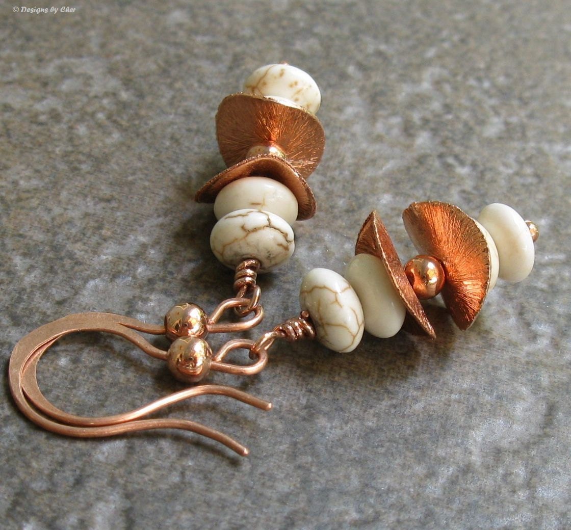 Ivory Turquoise & Copper Stack Earrings, Handmade Ball Earwires... Fun Gemstone Dangle Earrings