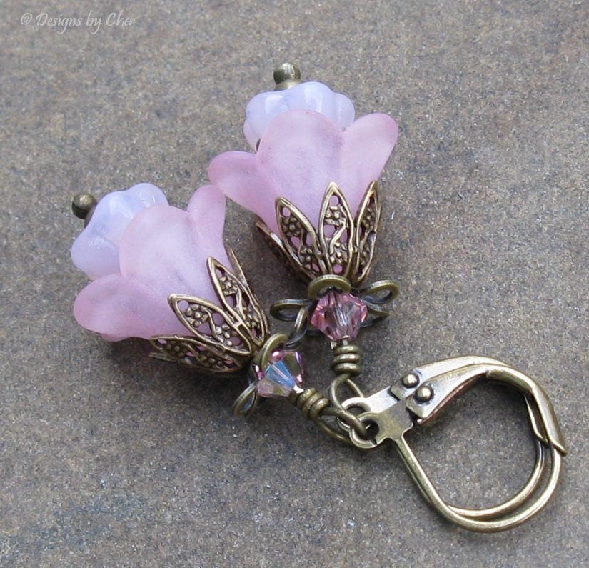 Pink Lucite Flower Earrings, Antique Brass Leverbacks, Glass Opal & Swarovski Crystals... Romantic Vintage Inspired Flower Jewelry