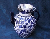 Blue Willow China Pique Assiette Mosaic Teapot Vase