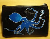 Deep Blue Octopus - Hand Painted Shiny Black Change Purse - Wallet - 25% Donated