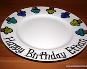 Happy Birthday Cupcakes Personalized Plate Hand Painted Porcelain Dinner Sized 10.5 inch
