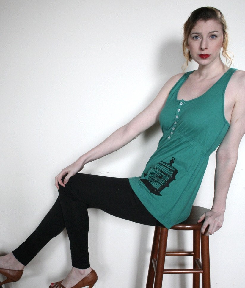 Screenprinted Bird and Victorian cage on Long Green Tunic Tank Top Shirt