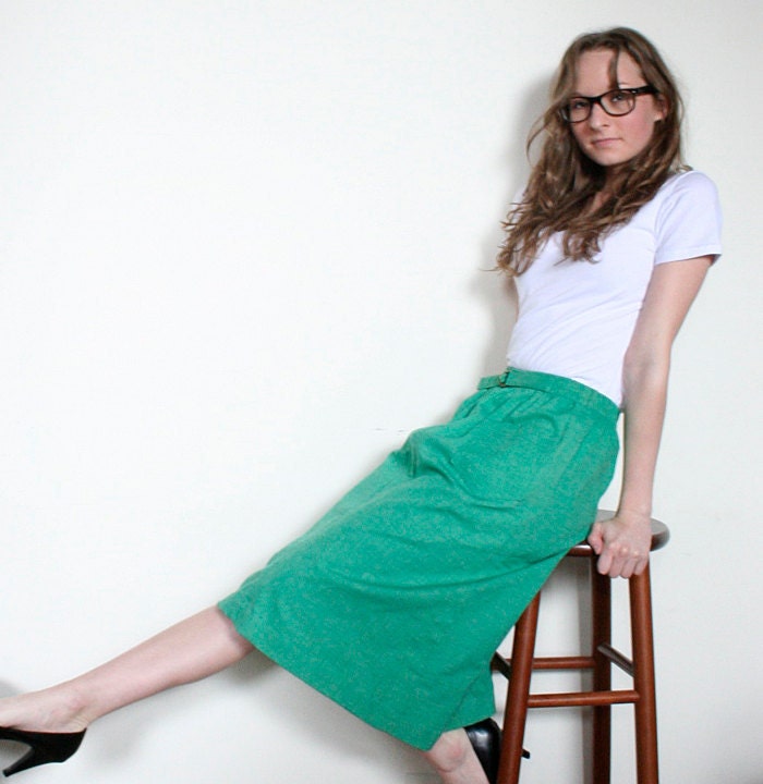 Vintage 1960s Kelly Green Belted Skirt