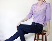 Vintage 1970s Lavender Purple Embroidered Lace Peasant Shirt