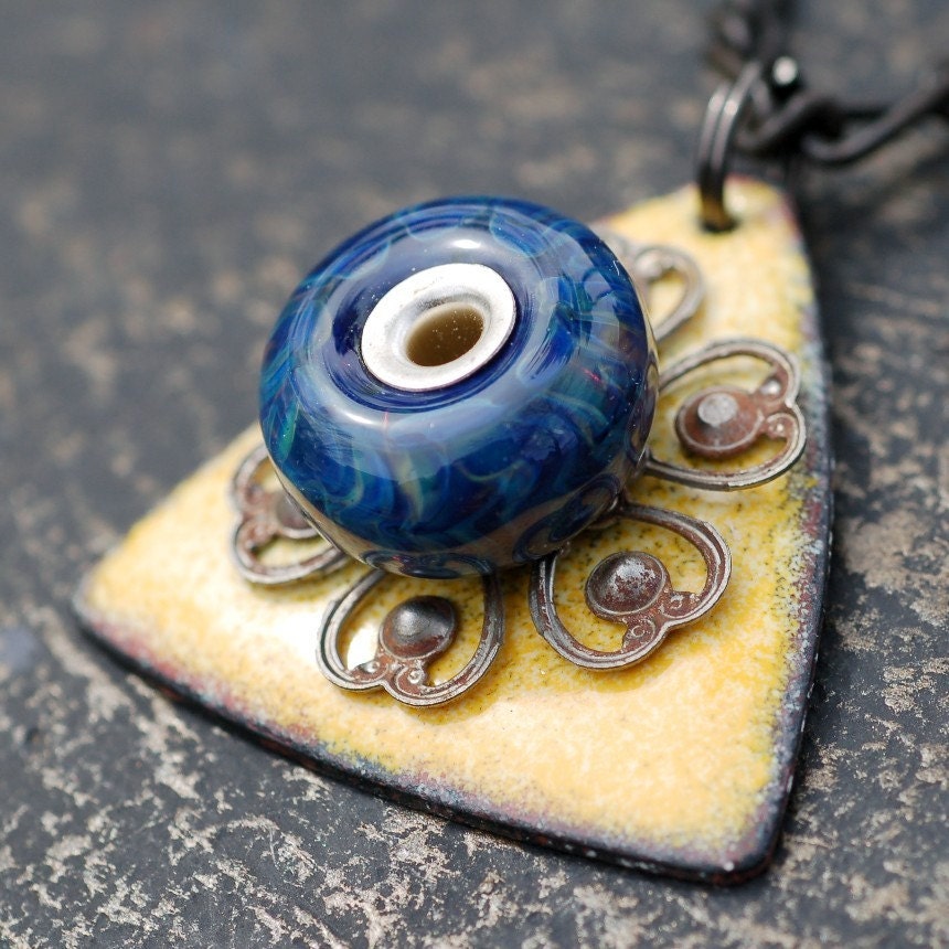 Glass Beaded, Enameled Pendant, Necklace, Boro Lampwork Bead, Enameled Jewelry, Blue Yellow - Latest Warning