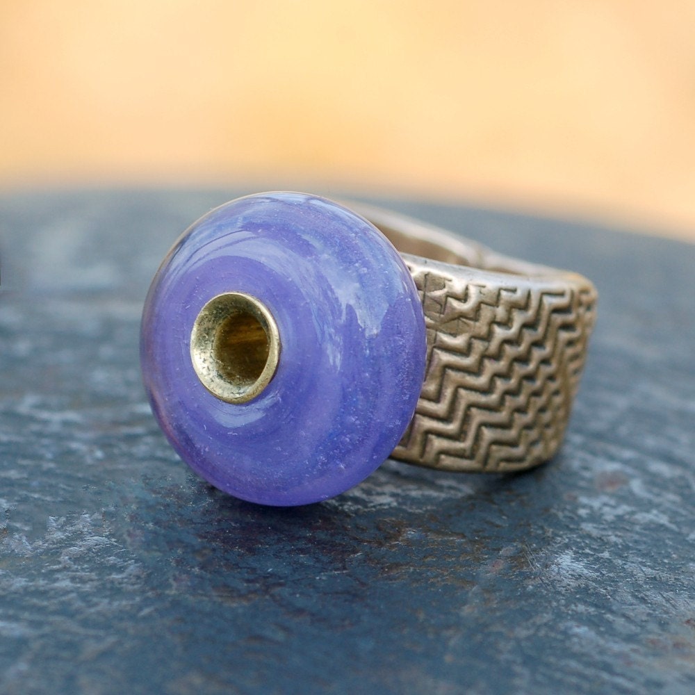 Ring - Bronze Band, Handmade Glass Bead, Boro Lampwork Jewelry, Beaded, Wisteria