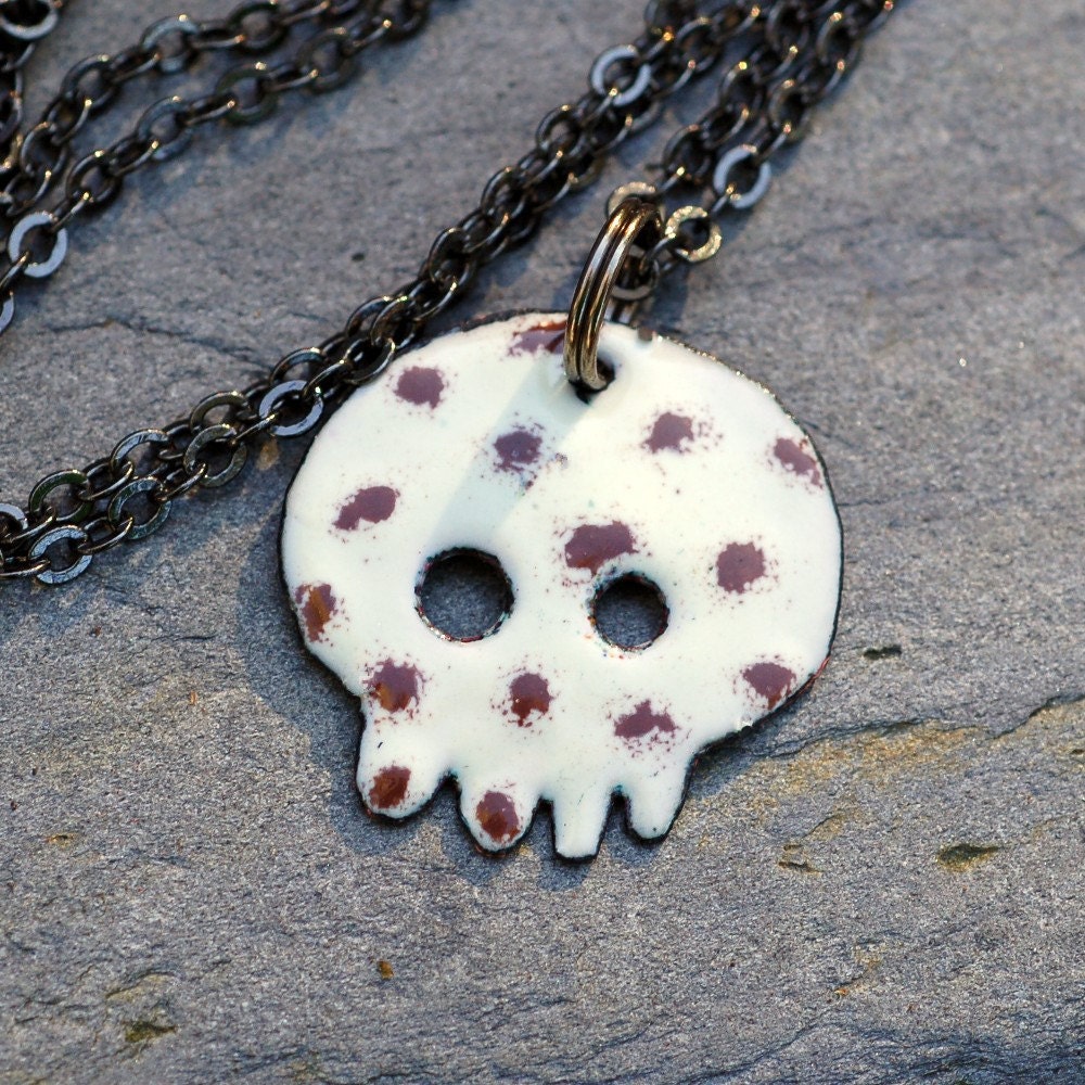 Enamel Skull Pendant, Dia de los Muertos Necklace, Copper, White Brown Spots, Enameled Jewelry - Baby Kit