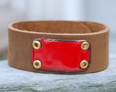 Leather Cuff, Bracelet, Copper Enamel, Brown, Green, Enameled Jewelry Unisex - Red