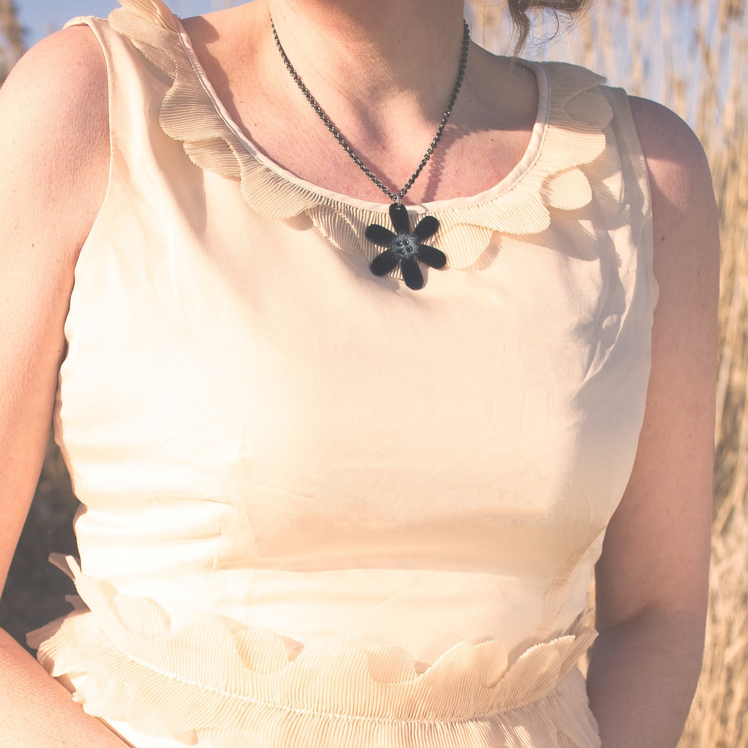 Enamel Flower Pendant, Necklace, Copper, Black and Gray Enameled Jewelry - Black Rose