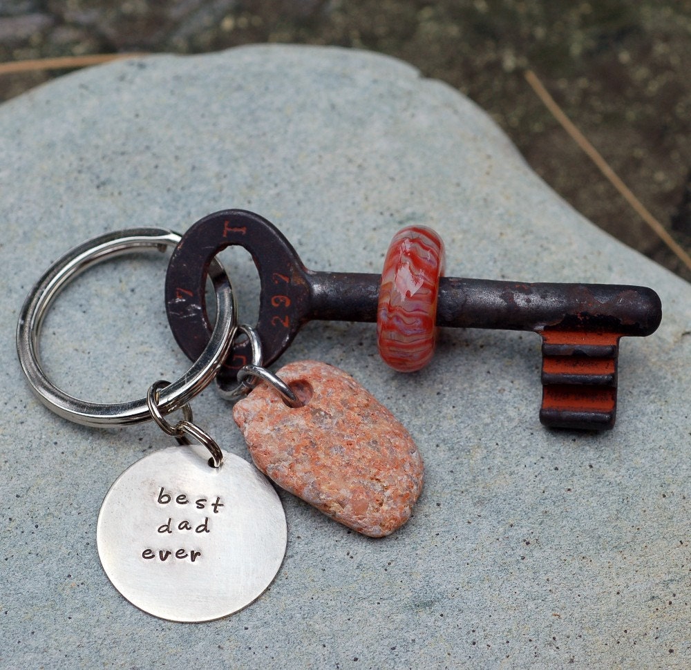 Skeleton Key Boro Glass Beaded Keychain Handstamped Tag, Drilled Sea Stone, Best Dad Ever