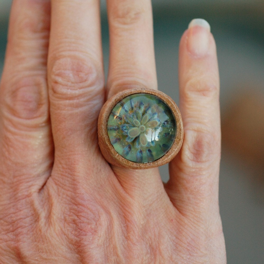 Wood Ring Glass Cab Boro Borosilicate Lampwork Wooden Jewelry Horizon Size 10