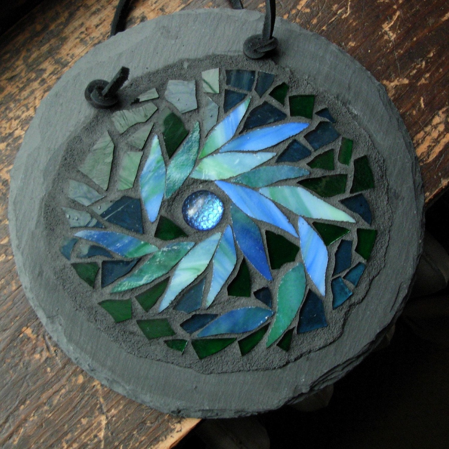 Blue Green Mandala 2, a doodling with glass project(7 inch)