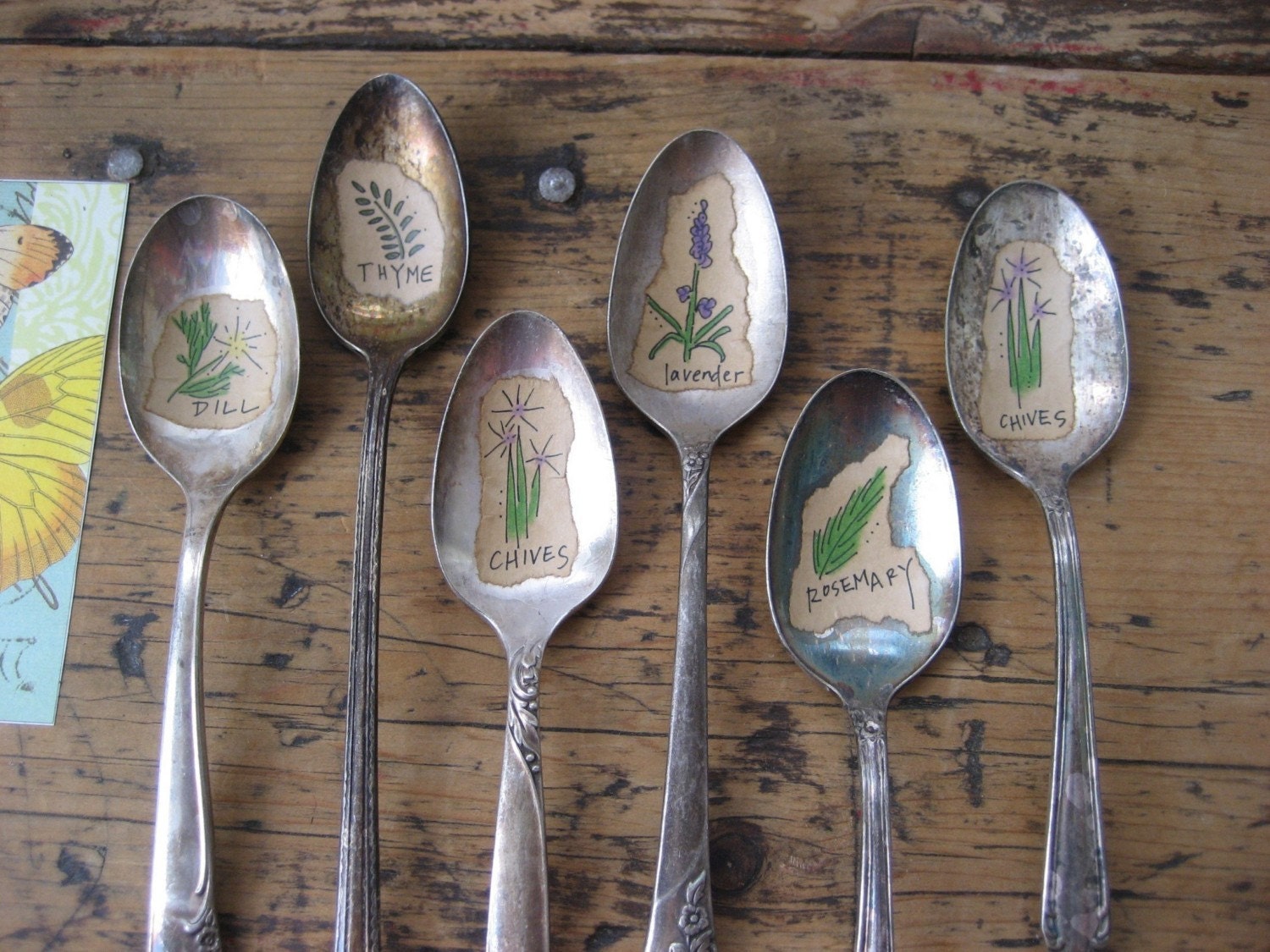 HERBS   5 Illustrated Vintage Silverware Spoon Garden and Plant Markers