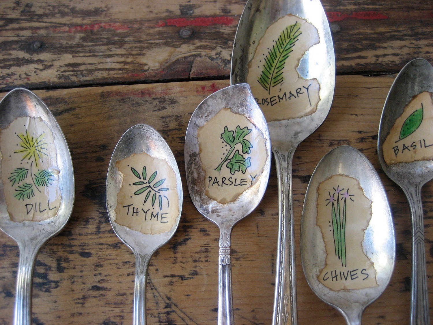 HERBS   5 Illustrated Vintage Silverware Spoon Garden and Plant Markers