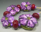 HANDMADE LAMPWORK Beads SET Sculpted Flowers Violet Purple Donna Millard spring garden