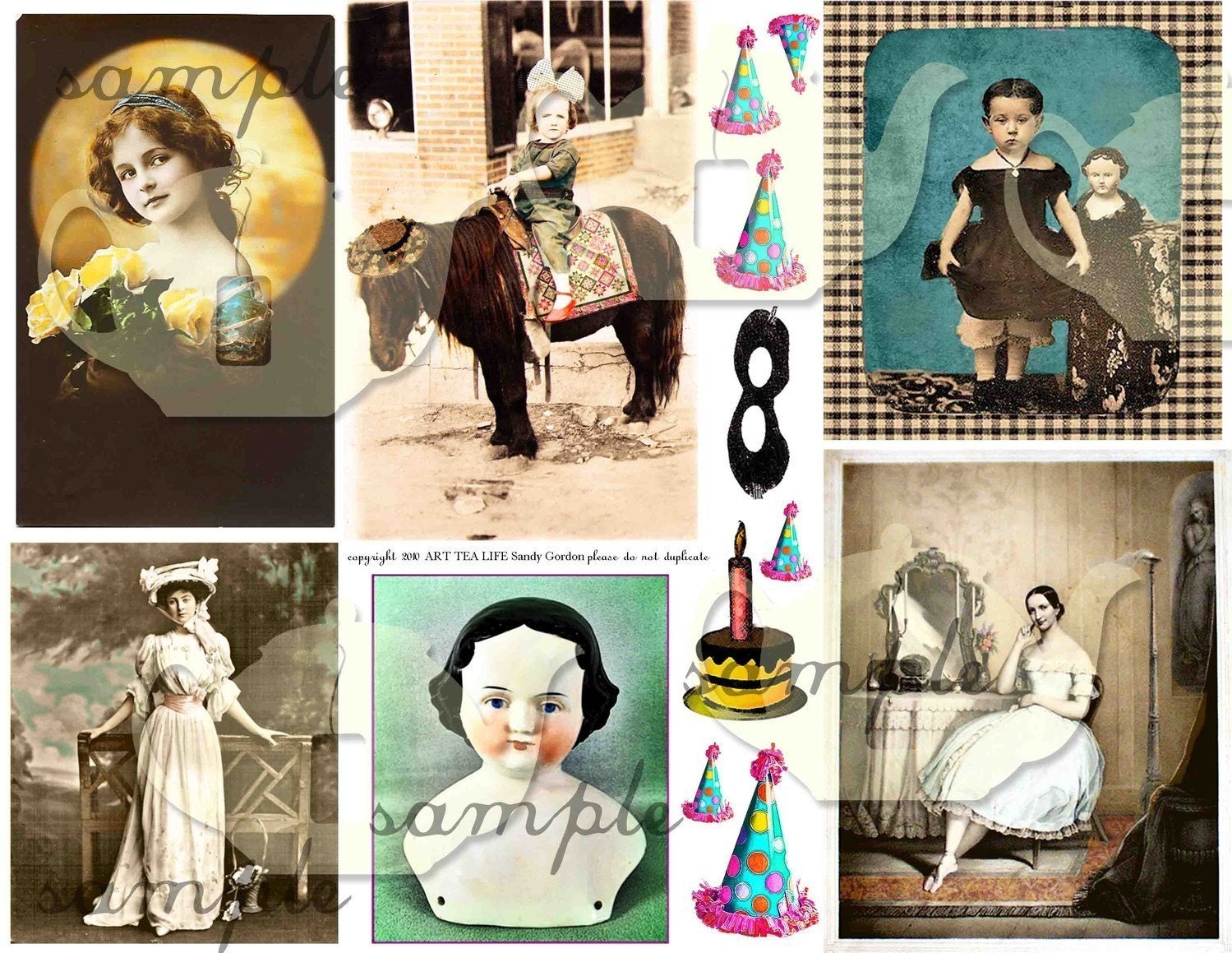 ART TEA LIFE Birthday PARTY Girls Collage Sheet DIGITAL FILE Vintage Photos Scrapbook Journal ATC ACEO card making gift tags invitations paper goods clip art charlotte doll head little girls pony moon cake hat