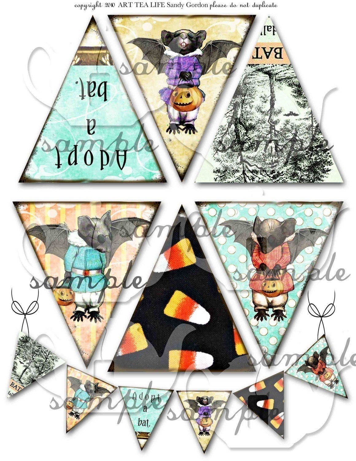 Art Tea Life BAT BANNER HALLOWEEN Collage Sheet bunting Digital File Scrapbook Party Decoration Office holiday clip art streamer candy corn