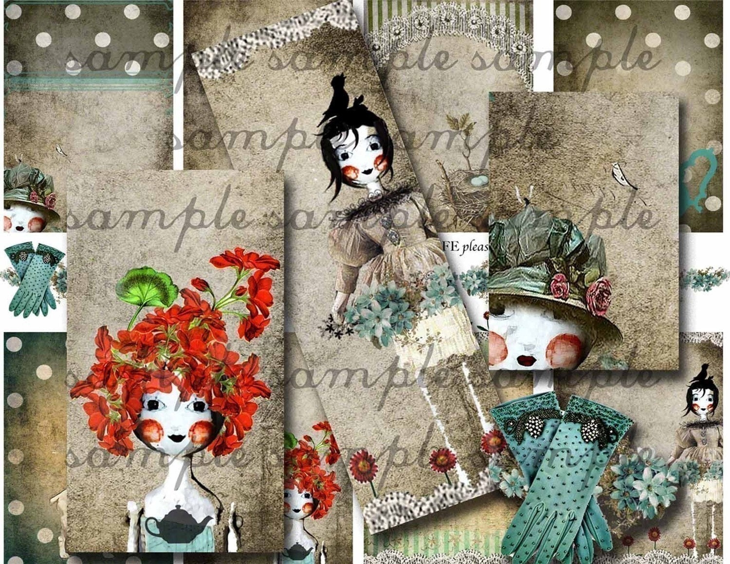 ART TEA LIFE Collage Sheet Playtime Dolls polka dots cards tags atc sized grounds invitations Scrapbook Journal Clip Art Digital File