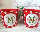 custom CHRISTMAS bucket in reds and green - personalized